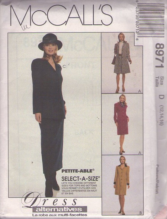 McCall's 8971 Retro 90's Sewing Pattern Dress Alternatives, Career Coatdress, Dress, Jacket, Skirt Size 12-16
