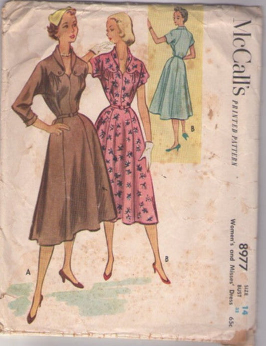 McCall's 8977 Vintage 50's Sewing Pattern Day Dress, Lucy Styles, New Look, Gored Skirt Bodice Interest Day Dress, 2 Styles Size 14