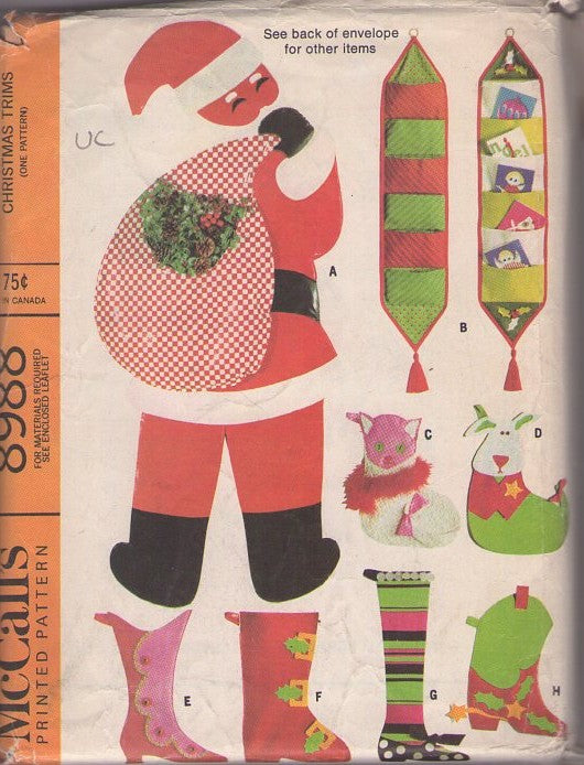 McCall's 8988 Vintage 60's Sewing Pattern Rare Crafts, Mod MCM Christmas Holiday Home Decorations, Door Santa, Stockings, Card Holders, Tree Skirt, Apron, Varied Sizes