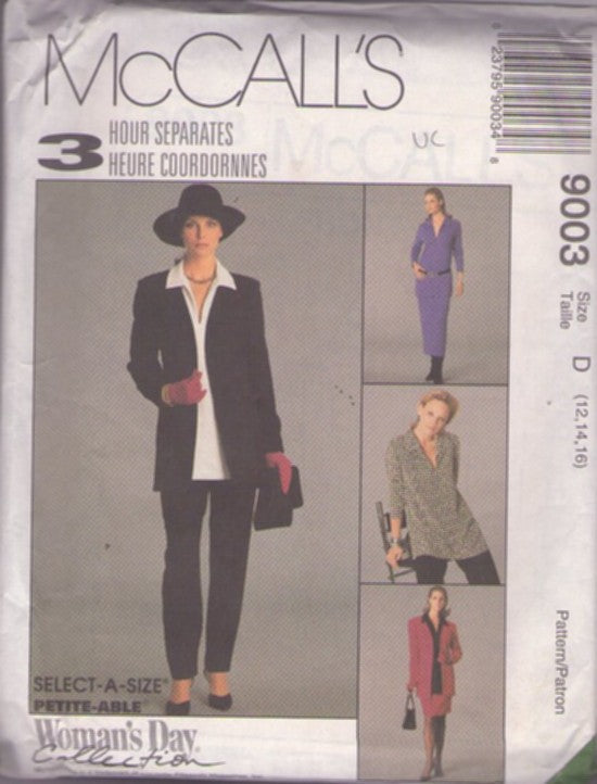 McCall's 9003 Retro 90's Sewing Pattern Easy 3 Hour Separates, Career Tunic Blouse Top, Jacket, Skirt, Pants Size 12-16