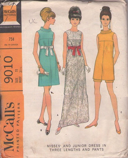 McCall's 9010 Vintage 60's Sewing Pattern Mod Summer Separates, Juniors' Standaway Collar T Seams Top & Shorts, Cocktail Party Dress, Formal Evening Gown Size 11