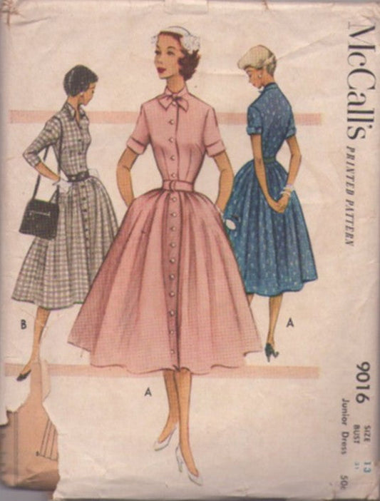 McCall's 9016 Vintage 50's Sewing Pattern Petite Day Dress, Full Flared Front Buttoned Coat Dress, Collar, Sleeve, Pockets Options Size 13