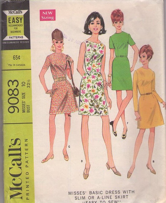 McCall's 9083 Vintage 60's Sewing Pattern Mod Basic Dresses, Easy to Sew Basic Secretary Dress, Slim or A-Line Skirt 4 Styles Size 10