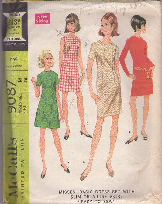 McCall's 9087 Vintage 60's Sewing Pattern Mod Dress Set, Secretary Slim or A-Line Skirt, Fit & Flared Basic Day Dress Set, EASY 4 Styles Size 14