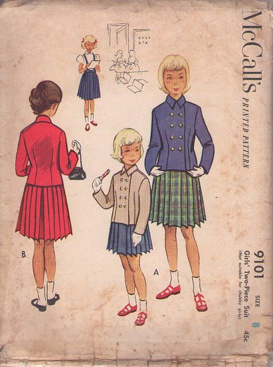McCall's 9101 Vintage 50's Sewing Pattern Girls' School Set, Uniform Look, Knife Pleats Kilt Skirt, Suspenders, Fitted Double Breasted Buttons Suit Jacket Size 8