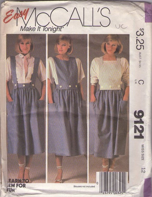 McCall's 9121 Vintage 80's Sewing Pattern Brat Pack Skirts, Cottagecore EASY Button On Suspenders, Bib Gathered Dirndl Skirt Versatile! Size 12