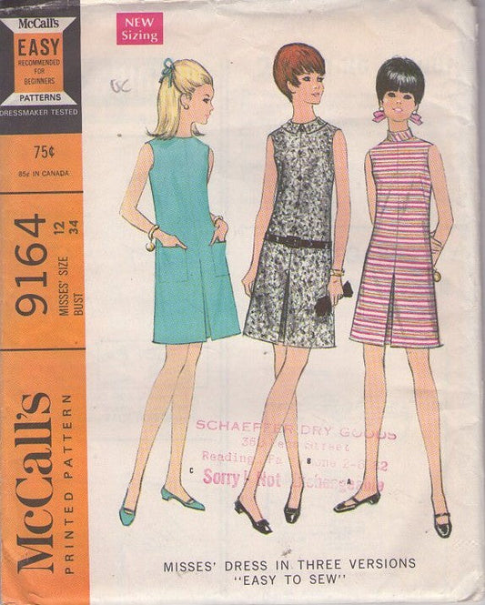 McCall's 9164 Vintage 60's Sewing Pattern Mod Summer Dress Set, Pleated Split Skirt Look, 3 Easy Styles Size 12