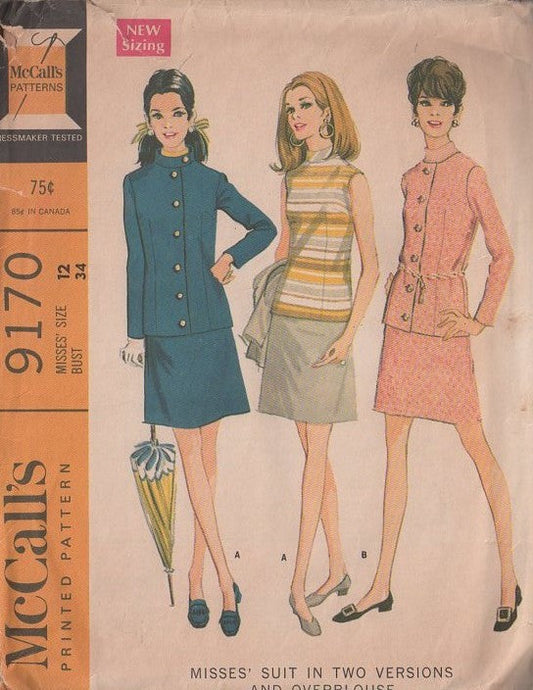 McCall's 9170 Vintage 60's Sewing Pattern Mod Suit, Twiggy Militant Beatles Look Nehru Jacket, Overblouse Top & A-Line Skirt Size 12