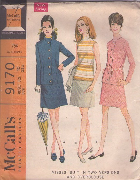 McCall's 9170 Vintage 60's Sewing Pattern Mod Suit, Twiggy, Militant Beatles Look Nehru Jacket, Overblouse Top & A-Line Skirt Size 10