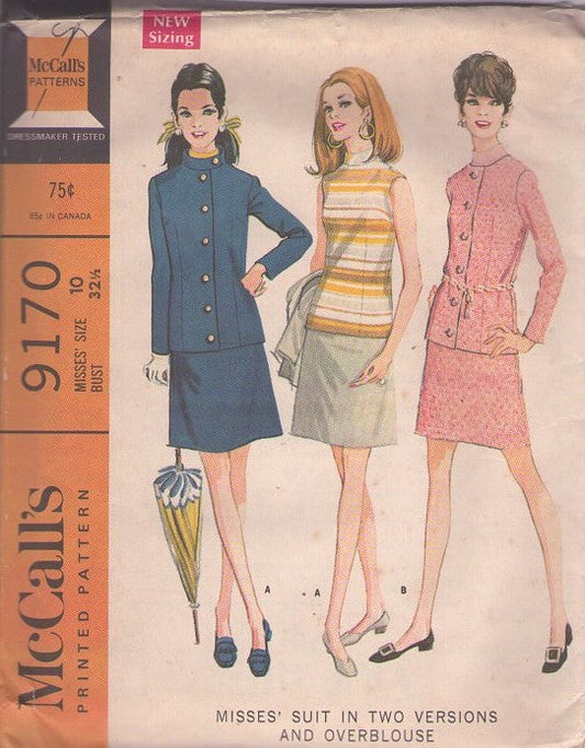 McCall's 9170 Vintage 60's Sewing Pattern Mod Suit, Twiggy, Militant Beatles Look Nehru Jacket, Overblouse Top & A-Line Skirt Size 10