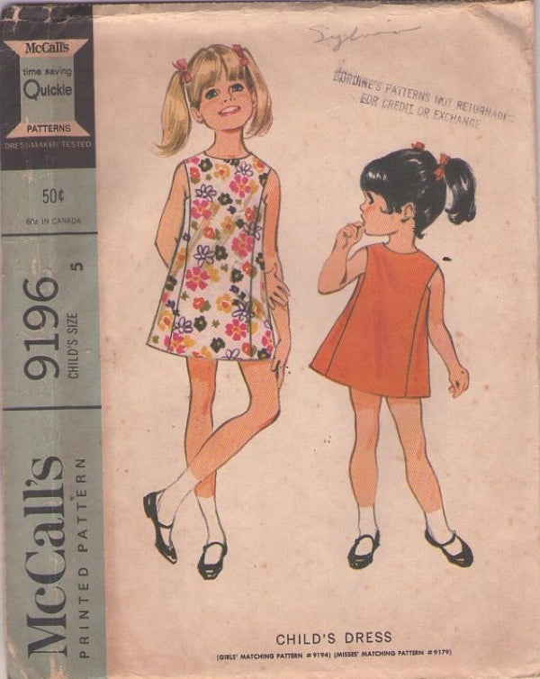 McCall's 9196 Vintage 60's Sewing Pattern Girls' Mod Dress, Summer Styles, Front Panel Brady Bunch Size 5