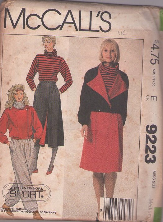 McCall's 9223 Vintage 80's Sewing Pattern Designer Separates, Jones New York Sport, New Wave Jacket with Winged Flaps, Cowl Neck Knits Top, Contrast Lined Wrap Around Skirt, Barrel Leg Pants Size M