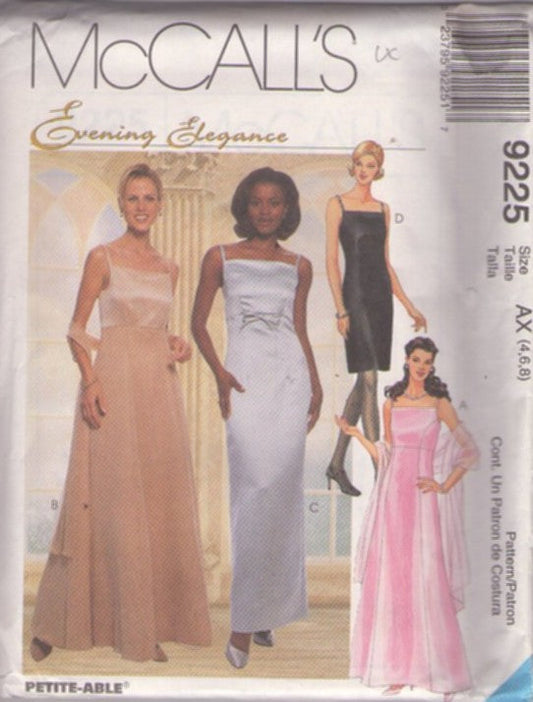 McCall's 9225 Retro 90's Sewing Pattern Formal Dresses, Evening Elegance Minimalist Cocktail Party, Prom, Evening, Wedding Gown, Dress & Shawl Size 4-8