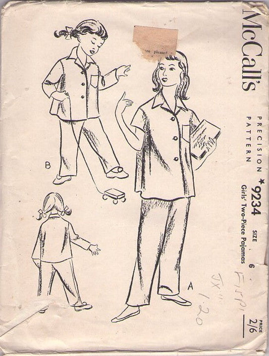 McCall's 9234 Vintage 50's Sewing Pattern Girls' Pajamas, Sandra Dee Slumber Party Pajamas, Modest Blouse, Pants Size 6