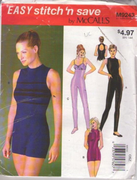 McCall's 9243 Retro 2015 Sewing Pattern Unitards, Tight Fit, Easy Stitch N Save Workout, Gymnastics, Dance, Skating Romper, Unitard, Jumpsuit Leotard Set 3 Styles Size XS-XL WORN ENVELOPE