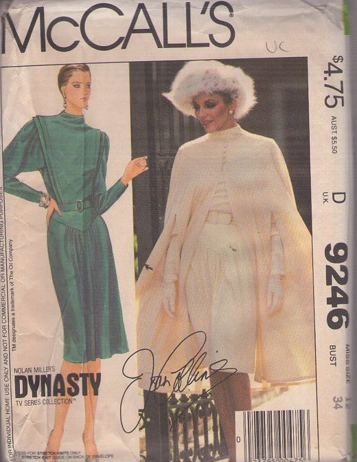 McCall's 9246 Vintage 80's Sewing Pattern Dress, Cape, Winter Ensemble, Nolan Miller's DYNASTY TV Series Collection Joan Collins Yoked Flanged Secretary Party Dress, Arm Slits Cape, Cloak Size 12
