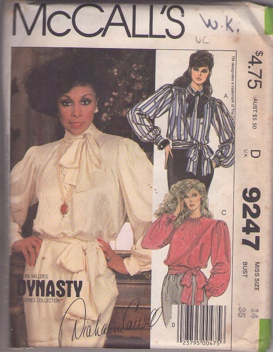McCall's 9247 Vintage 80's Sewing Pattern Career Separates, Official Nolan Miller's Dynasty, Diahann Carroll Boxy Tied Hip Band Secretary Blouse Set, 3 Styles Size 14