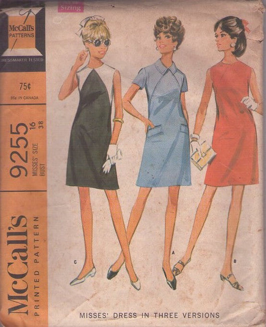 McCall's 9255 Vintage 60's Sewing Pattern Mod Party Dress, Color Block, Diamond Seams, 3 Styles Size 16