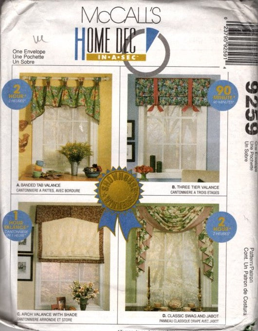McCall's 9259 Vintage 90's Sewing Pattern Home Dec In A Sec, Window Treatments, Curtains and Valances OZ