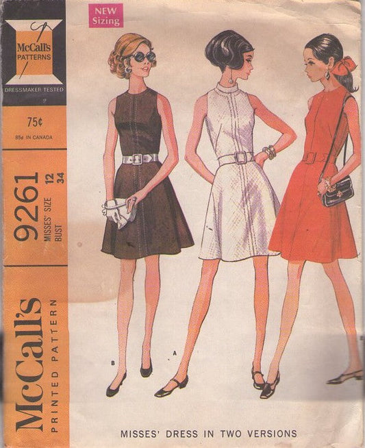 McCall's 9261 Vintage 60's Sewing Pattern Mod Dresses, Twiggy Look, Summer Cutaway Armhole Fit & Flared Day or Party Dress 2 Styles Size 12