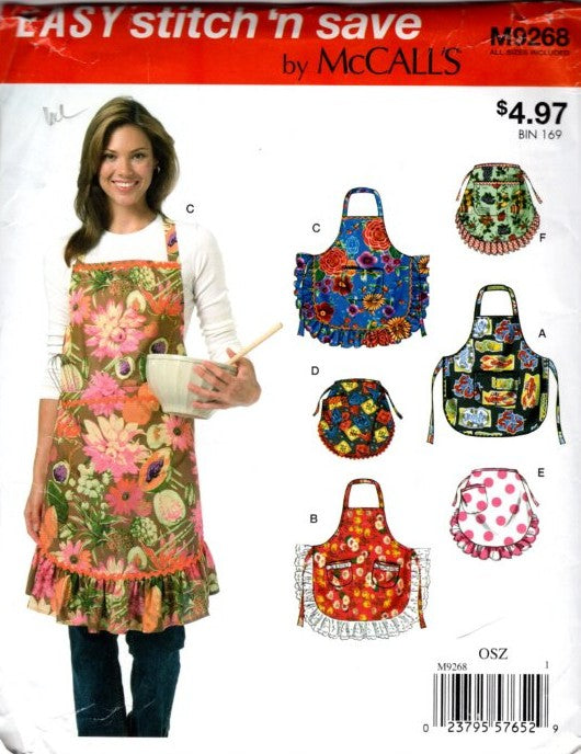 McCall's 9268 Retro 2015 Sewing Pattern Easy Aprons Set, Stitch N Save Half or Full Bib Apron Styles OZ