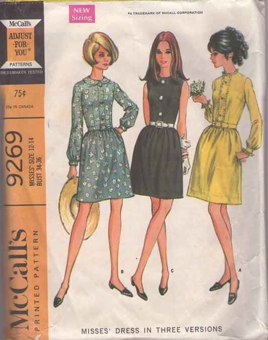 McCall's 9269 Vintage 60's Sewing Pattern Mod Dress, Secretary, Button Trim Front, Gathered Bell Shaped Skirt Day Dress, 3 Styles Size 8-10