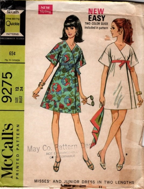 McCall's 9275 Vintage 60's Sewing Pattern Easy Mod Wrap Around Dress, Kimono Style, 2 Twiggy Styles Size 12