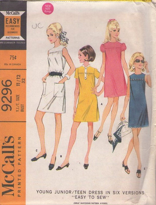 McCall's 9296 Vintage 60's Sewing Pattern Mod Dresses, High Yoked Summer Shift, Sleeveless or Puff Sleeve Size 11/12