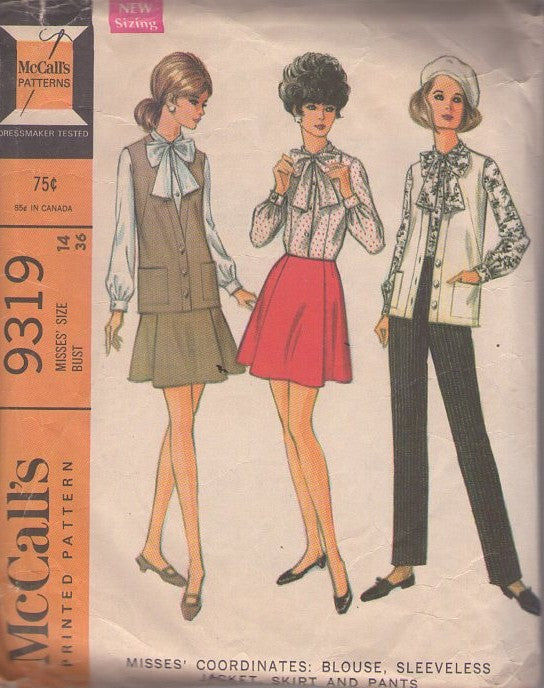 McCall's 9319 Vintage 60's Sewing Pattern Mod Separates, That Girl Styles, Pussycat Bow, Tie Collar, Modest Blouse, Cardigan Vest Jacket, Flared Mini Skirt & Slacks Size 14