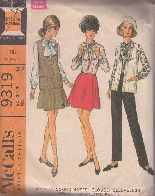 McCall's 9319 Vintage 60's Sewing Pattern Mod Separates, That Girl Styles, Pussycat Bow, Tie Collar, Modest Blouse, Cardigan Vest Jacket, Flared Mini Skirt & Slacks Size 14