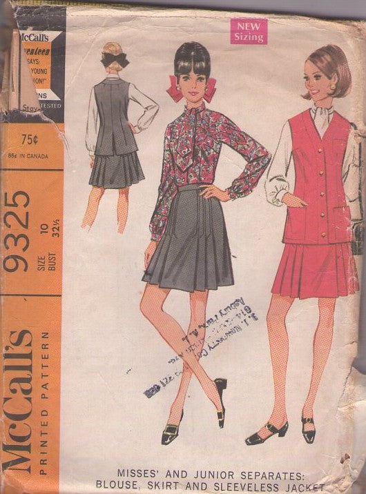 McCall's 9325 Vintage 60's Sewing Pattern Mod Separates, Pleated Kilt Style Short Skirt, Tie Collar Blouse, Vest Jacket Size 10