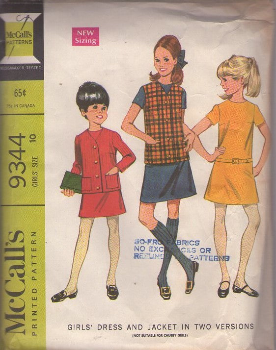 McCall's 9344 Vintage 60's Sewing Pattern Girls' Separates, Mod Brady Bunch Dress, Vest Top, Jacket Size 10