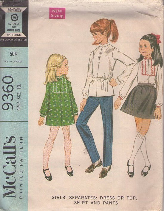 McCall's 9360 Vintage 60's Sewing Pattern Girls' Separates, Mod School Mix & Match Nehru Collar Blouse with Zipper, Mini Dress, Belled Skirt, Tapered Leg Slacks Size 12