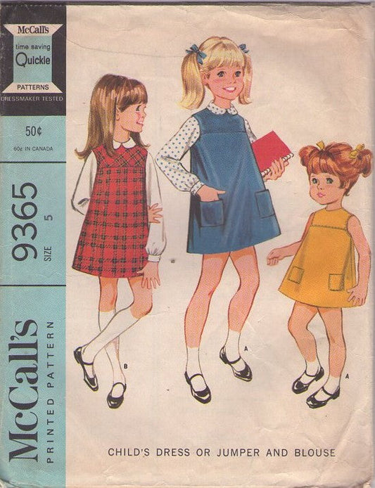 McCall's 9365 Vintage 60's Sewing Pattern Girls' Separates, High Yoked School Uniform Style Jumper, Sun Dress, Peter Pan Collar Blouse Size 5