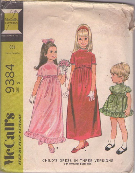 McCall's 9384 Vintage 60's Sewing Pattern Girls' Dresses, Brady Bunch Era Party Dress, 3 Styles, Empire Waist Maxi Gown, Puff Sleeve School Styles Size 5