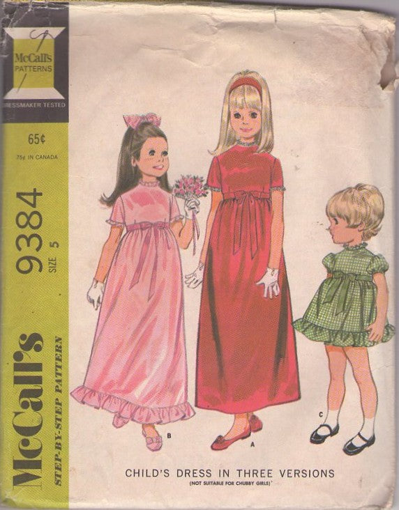 McCall's 9384 Vintage 60's Sewing Pattern Girls' Dresses, Brady Bunch Era Party Dress, 3 Styles, Empire Waist Maci Gown, Puff Sleeve School Styles Size 3
