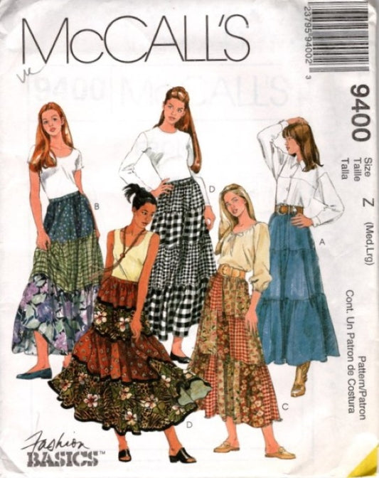 McCall's 9400 Retro 90's Sewing Pattern Fashion Basics Skirt Set, Tiered Cottagecore, Prairie, Boho Modest Midi, Patchwork Look Size M-L