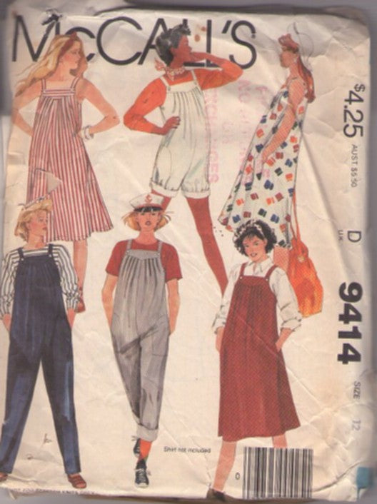McCall's 9414 Vintage 80's Sewing Pattern Casual Separates, Loose Fit Ballooned Shorts, Romper, Jumpsuit, Jumper, Dress, Overalls, Pleats Size 12