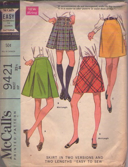 McCall's 9421 Vintage 60's Sewing Pattern Easy Mod Skirt Set, Pleated School Kilt, A-Line, Mini, 2 Styles Size 25.5" M