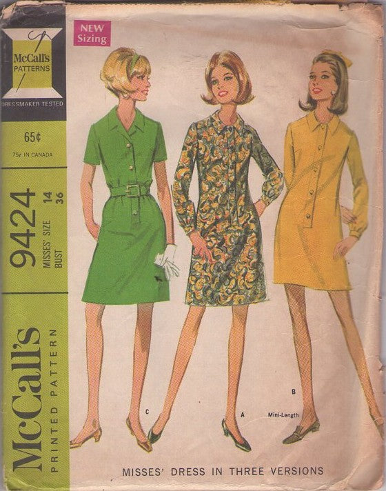 McCall's 9424 Vintage 60's Sewing Pattern Mod Dresses, Housewife, Step In, Front Button Band, Shirt Dress, 3 Styles Size 14