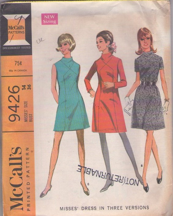 McCall's 9426 Vintage 60's Sewing Pattern Mod Dress Set, Mad Men Styles, GREAT FRONT SEAMS Secretary Stand Up Neckline Party Dress 3 Styles Size 14