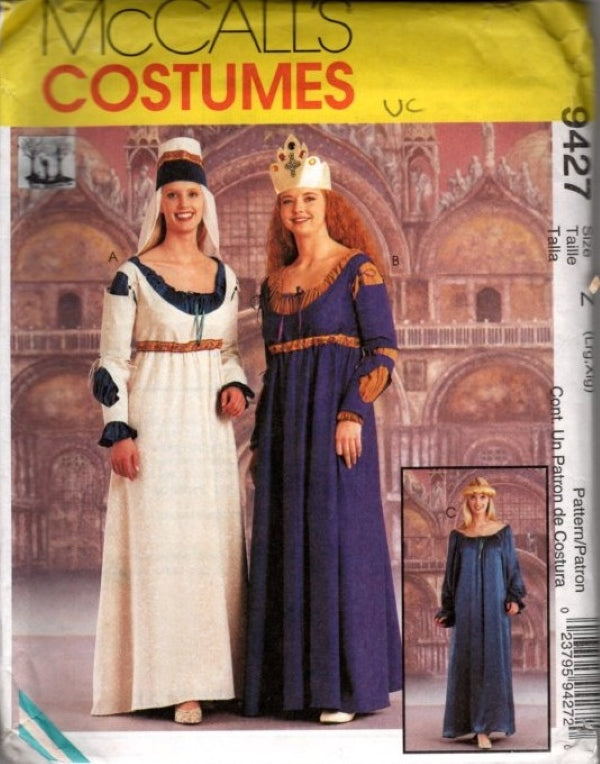 McCall's 9427 Retro 90's Sewing Pattern Renaissance Queen Costume, Medieval Maiden Chemise Dress, Overdress, Accessories Size L-XL