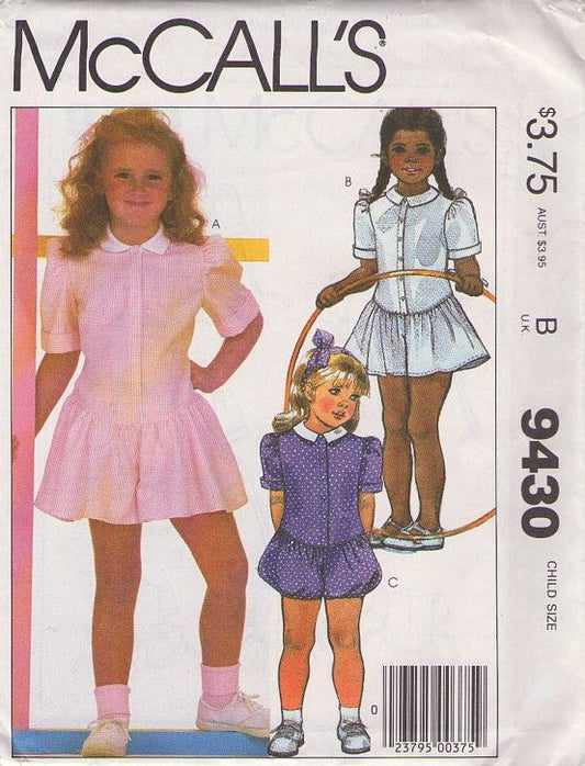 McCall's 9430 Vintage 80's Sewing Pattern Girls' Rompers, Bubble Leg or Skirted Leg Shorts Romper, Step In Playsuit Size 4