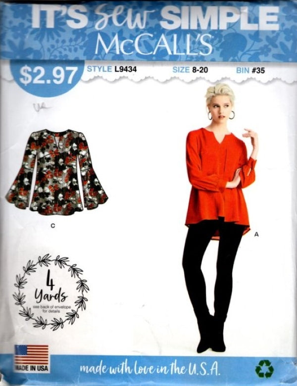 McCall's 9434 Retro 2019 Sewing Pattern Easy Flared Bell Sleeve Top Set, It's Sew Simple Shirt, 4 Yards Size 8-20