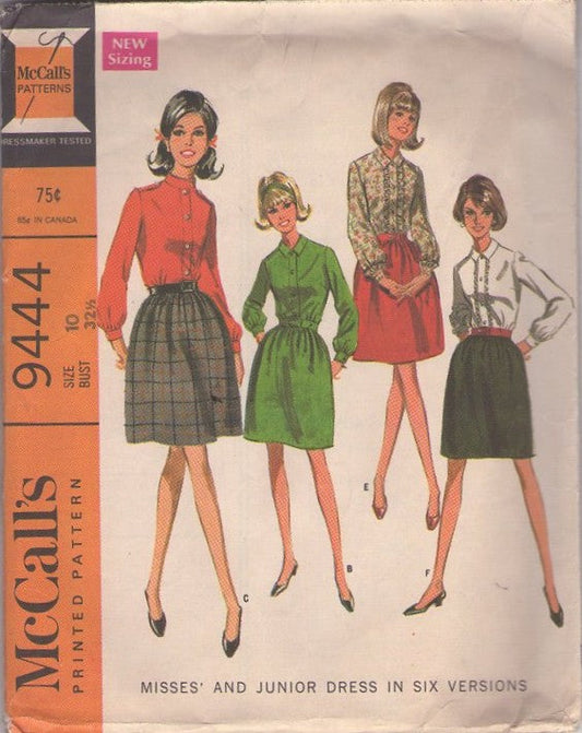 McCall's 9444 Vintage 60's Sewing Pattern Mod Dress, Secretary Shirtwaist Day Dress, 1 or Contrast Fabrics 5 Styles Size 10