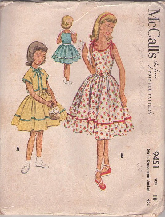 McCall's 9451 Vintage 50's Sewing Pattern Girls' Sun Dress, Rockabilly Hairspray, Modest, Sleeveless, Scoop Neck, Summer Sundress, Full Skirt Dress, Cap Sleeve Jacket Cover Up 2 Styles Size 10