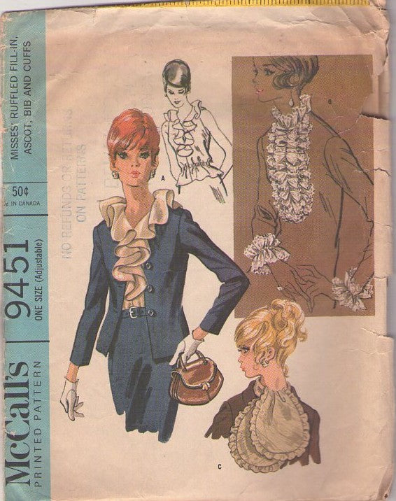 McCall's 9451 Vintage 60's Sewing Pattern Mod Accessories, Stepford Wife Ruffled FILL IN Collars, Cuffs, Ties, Ascots MANY RUFFLES