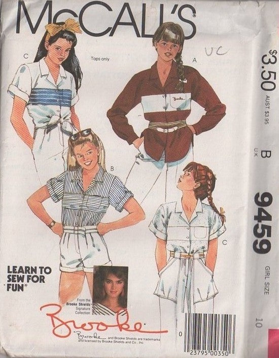 McCall's 9459 Vintage 80's Sewing Pattern Girls' Blouses, Brooke Shields, New Wave, Contrast Band, Oversized Shirt, Top, Iron On Size 10