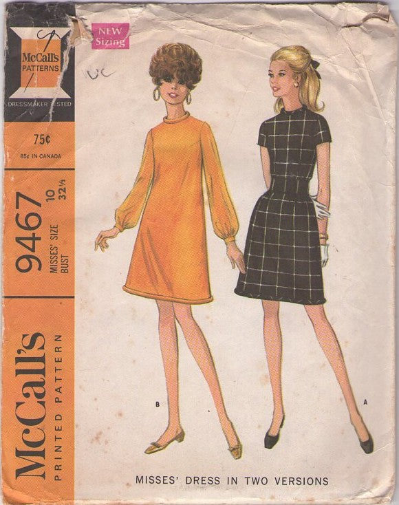 McCall's 9467 Vintage 60's Sewing Pattern Mod Dress, Space Age, Piping Trim Bell Skirted Sheer Sleeve Cocktail Party Dress, Wide Waist Cinch Belt Size 10