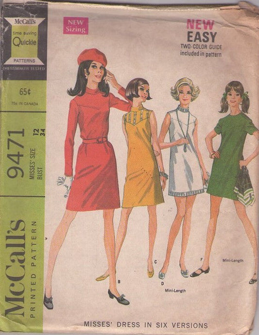 McCall's 9471 Vintage 60's Sewing Pattern Mod Dress Set, French Look, Twiggy V Yoked Mini or Above Knee Dress Set Size 12